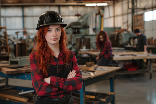 attractive female factory worker with red hair wearing plaid shirt and hard hat standing in front of workbench in a workshop women diversity work concept for inclusion in blue collar jobs