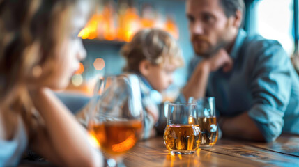 Group of people with sad emotions with alcoholic drinks. Alcoholism concept