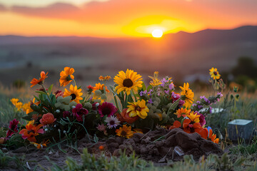 Colorful flowers arranged on a grave in a cemetery during sunset. Funeral and remembrance concept for memorial service, floral arrangements, and tribute visuals