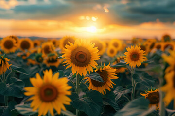 Fototapeta premium Field of sunflowers under the sunset sky