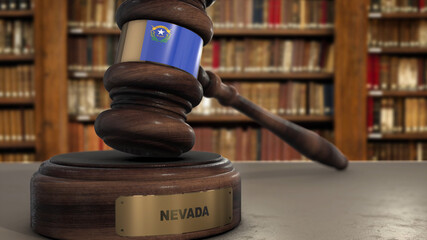 Nevada Flag on Judge Gavel or Hammer in Court with State Name. Legal System 3D Illustration