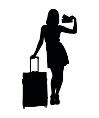 Woman showing flight tickets while holding her suitcase vector silhouette. 