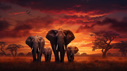 Fototapeta premium Elephants in the wild at golden hour. Scenic nature view.