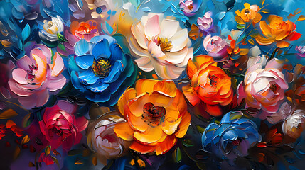 Vibrant oil painting of assorted colorful flowers. - Powered by Adobe