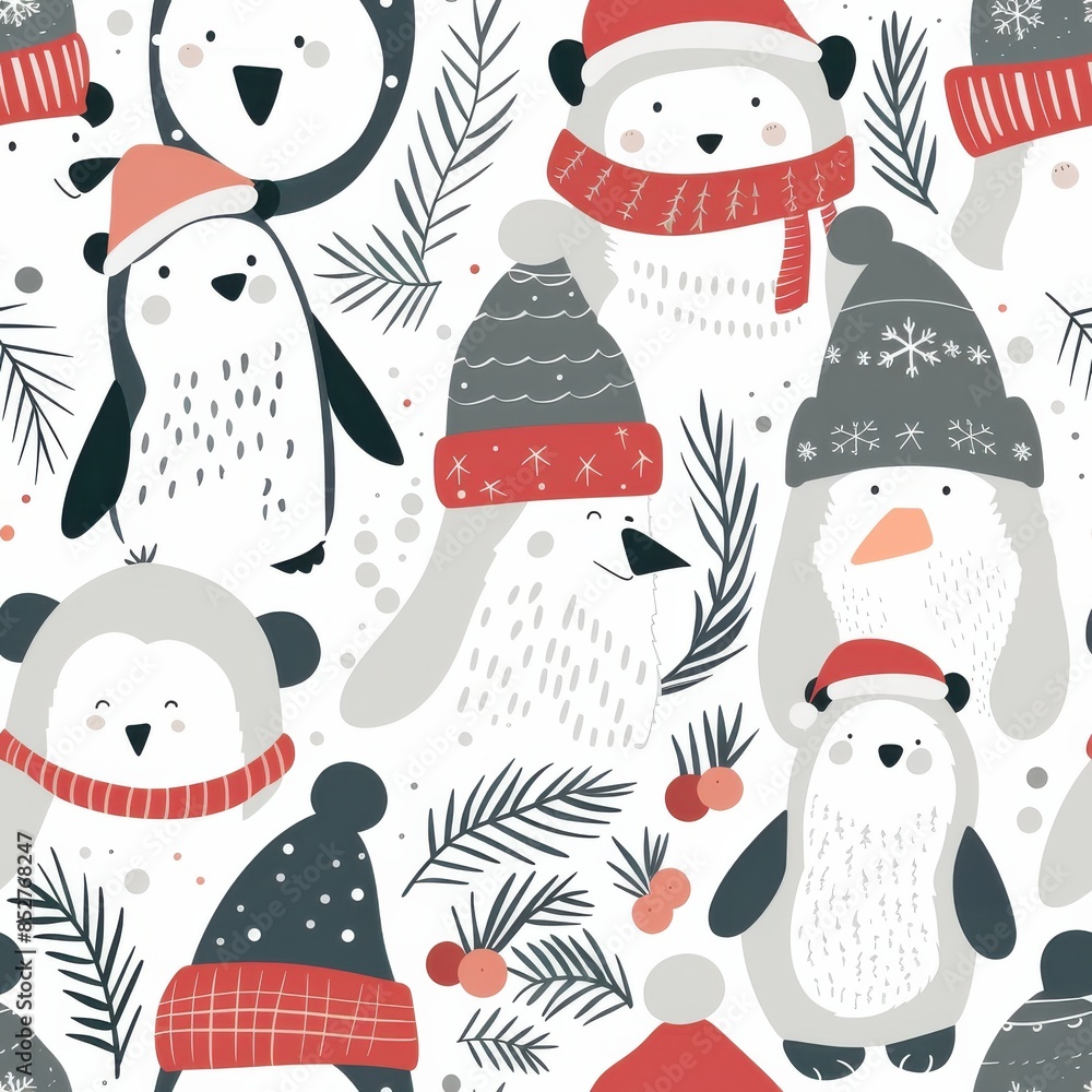 Poster a group of penguins wearing hats and scarves are shown in a winter scene. the penguins are all smili