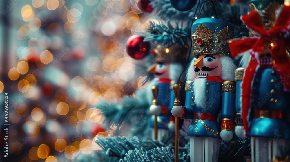 Poster A group of nutcrackers are displayed on a Christmas tree. The nutcrackers are dressed in blue and red, and they are arranged in a row. The scene conveys a festive and joyful mood