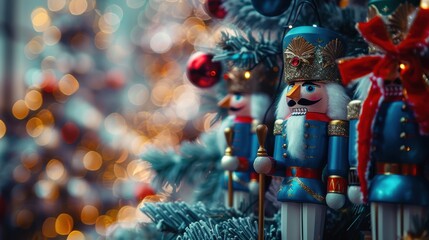 A group of nutcrackers are displayed on a Christmas tree. The nutcrackers are dressed in blue and red, and they are arranged in a row. The scene conveys a festive and joyful mood