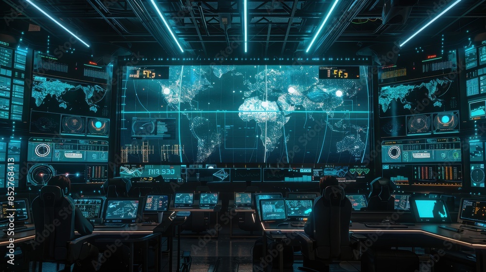 Poster a group of people are sitting at computer monitors in a room with a large screen displaying a map of