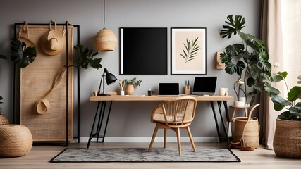 Inventive arrangement of a comfortable workstation using a mock-up poster frame, a wooden desk, a rattan chair, a black rack, a basic light, a floral vase, a patterned carpet, and individual accessori