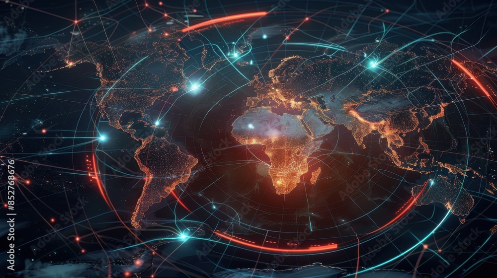 Poster a computer generated image of the world with a red and blue border. the image is full of dots and li