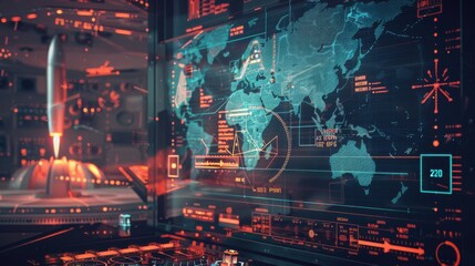 A computer monitor displays a map of the world with a rocket in the background. Concept of technological advancement and exploration