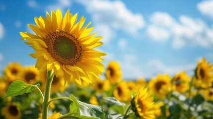 A field of sunflowers in full bloom on a sunny summer day, with bright yellow petals stretching towards the blue sky.