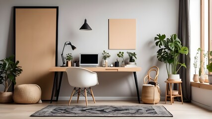 Inventive arrangement of a comfortable workstation using a mock-up poster frame, a wooden desk, a rattan chair, a black rack, a basic light, a floral vase, a patterned carpet, and individual accessori