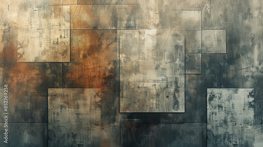 Poster A wall with a lot of squares and a few circles. The squares are of different sizes and the circles are small. The wall has a lot of texture and he is made of concrete. Scene is somewhat chaotic