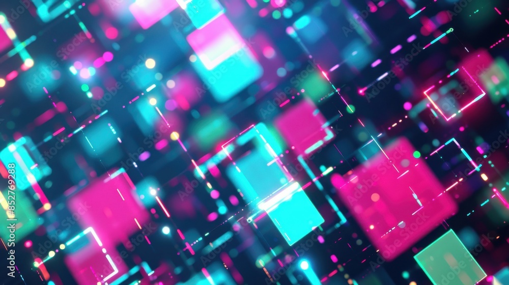 Poster a colorful image of squares and circles with a blue background. the squares and circles are in diffe