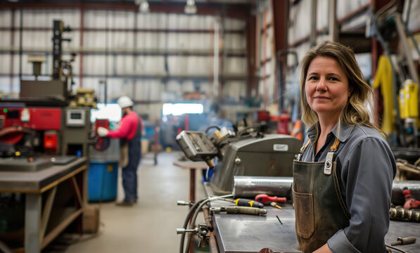 attractive female worker in her mid-forties, standing confidently at a welding station with various metal pieces and tools around her. In front is a stainless steel table, surrounded by large machine - Powered by Adobe