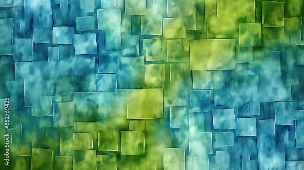 Poster A painting of a green and blue background with squares of different colors. The painting is abstract and has a calming effect
