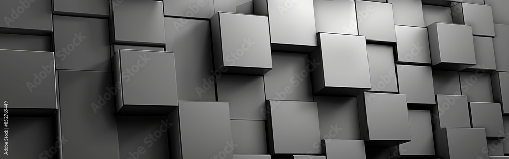 Poster A wall of gray boxes with a black border. The boxes are arranged in a way that creates a sense of depth and texture. Scene is one of modernity and sophistication