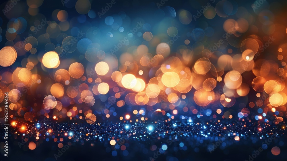 Aufkleber a blurry image of a blue and orange background with many small circles. the image has a dreamy, ethe