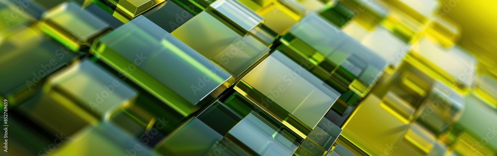 Poster A green and yellow image of blocks with a glassy texture. The blocks are arranged in a way that creates a sense of depth and dimension. The image has a modern and sleek feel to it