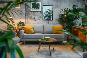Fototapeta premium A Scandinavian-style living room with concrete walls, a grey sofa, and a wooden coffee table surrounded by plants and golden lamps. A framed photo hangs above. 