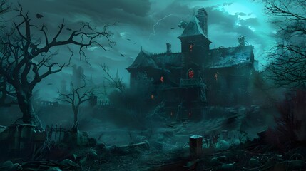 horror background with spooky trees and cloudy environment with night view background genrated by AI.


