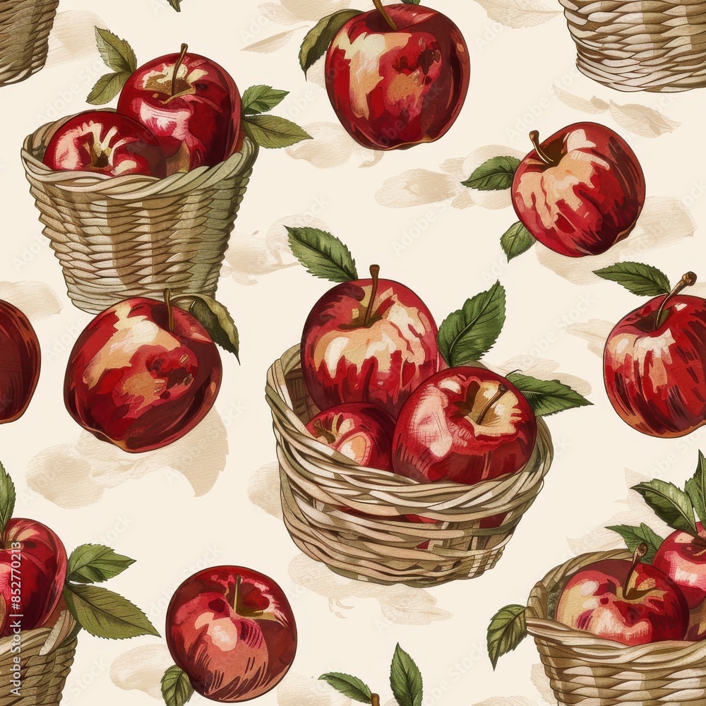 Aufkleber A seamless pattern featuring red apples with green leaves arranged in wicker baskets on a white background. The apples are depicted in a realistic style with detailed shading and highlighting. The pat