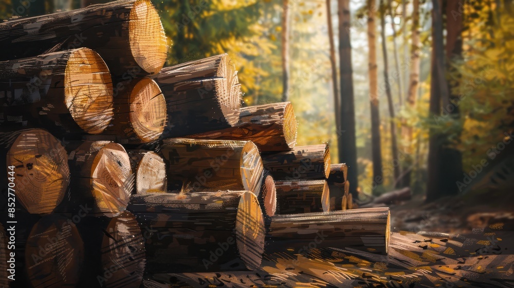 Aufkleber A pile of logs in a forest with a mood of rustic and natural. The logs are stacked in a way that they seem to be ready for use, perhaps for building a cabin or a fire pit