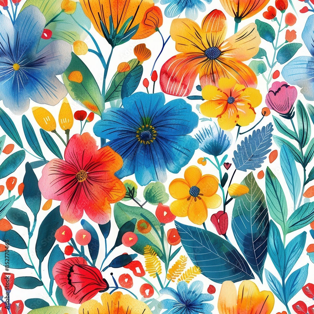 Poster a seamless pattern featuring a vibrant array of watercolor flowers and green leaves on a white backg