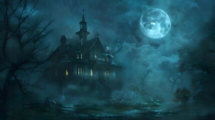 horror background with spooky trees and cloudy environment with night view background genrated by AI.


