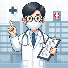 Asian doctor cartoon flat illustration, on hospital background, with medical information sign in hands, online record, doctor in mask and glasses
