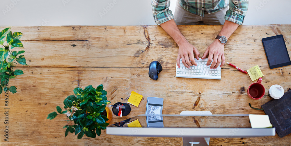 Poster top view, hands and business with man, computer and typing with keyboard, graphic designer and conne