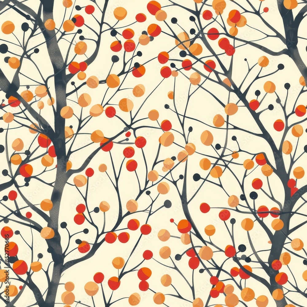 Poster This digital illustration is a watercolor-style abstract pattern of red and orange berries on branching trees against a creamy white background. The dark grey branches and the colorful berries create 