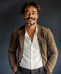 Fototapeta premium Smiling man in a brown blazer with hands in pockets.