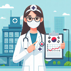 korea female doctor cartoon flat illustration, on hospital background, with medical information sign in hands, online record, doctor in mask and glasses