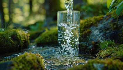 High quality image pouring natural spring mineral water, displaying pure drinking water from nature