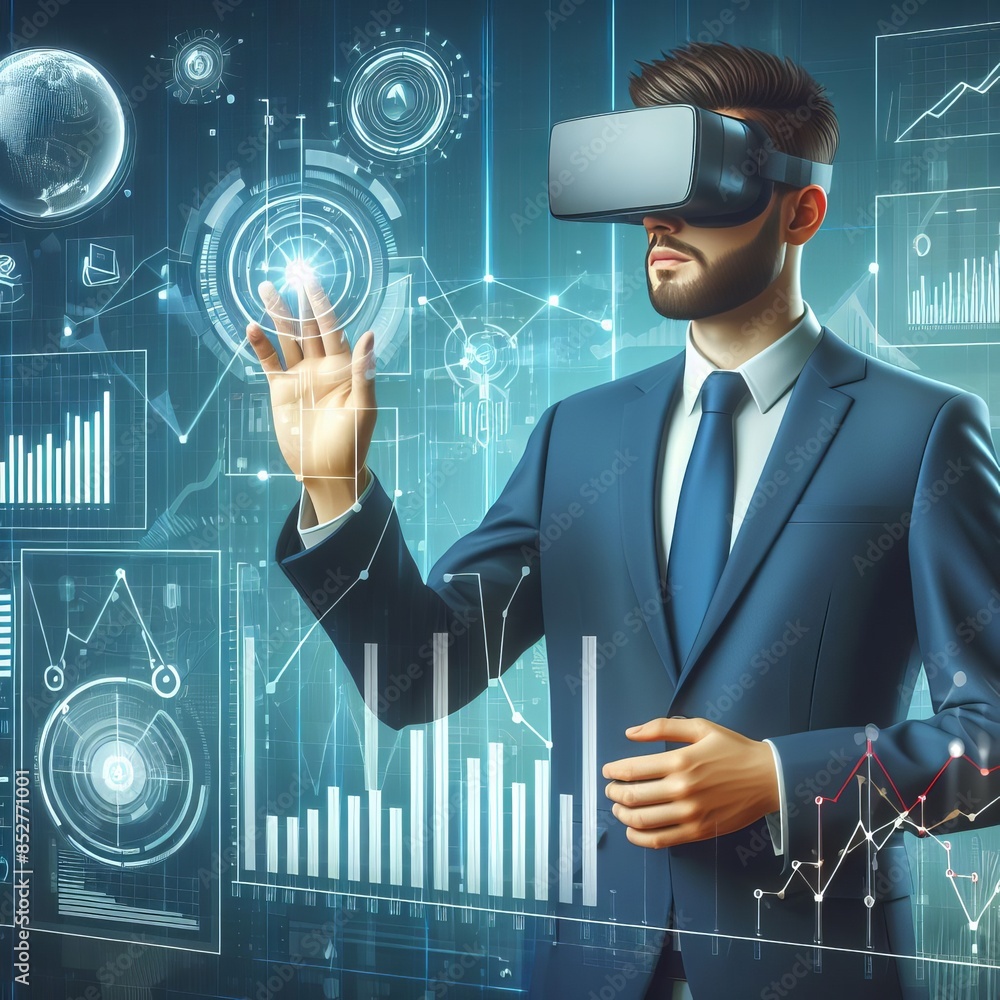 Poster a businessman in a suit interacts with a virtual reality headset, engaging with a futuristic digital