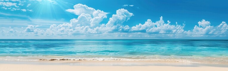 Fototapeta premium A panoramic view of a calm ocean with a sandy beach in the foreground. The clear blue sky is dotted with fluffy white clouds and the sun is shining brightly. The water is a vibrant turquoise color, cr