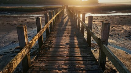 Naklejka premium View of wooden pier with long morning shadows at low tide