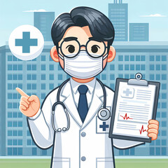 Asian doctor cartoon flat illustration, on hospital background, with medical information sign in hands, online record, doctor in mask and glasses