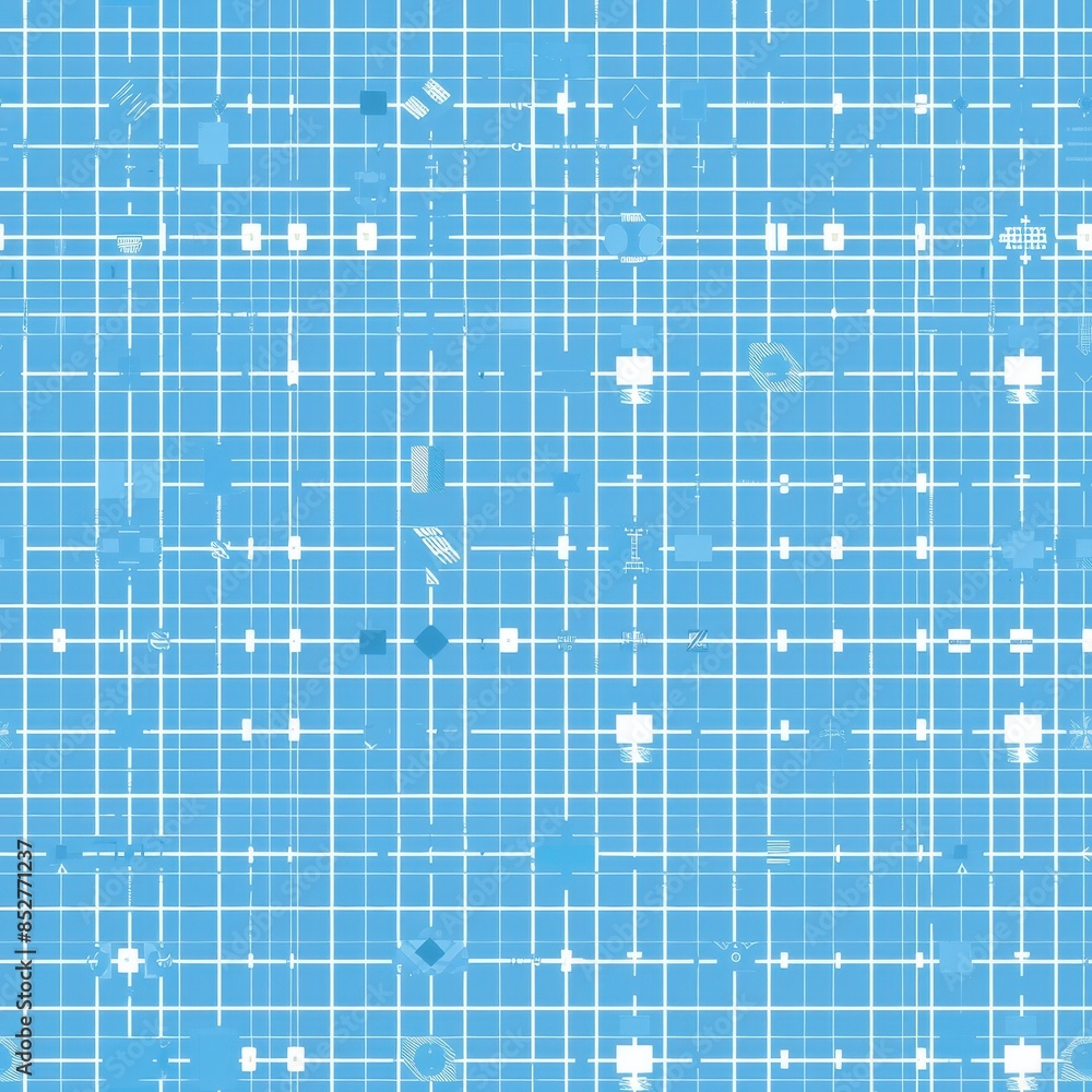 Poster this image features a seamless repeating pattern of a blue grid with white lines and various geometr