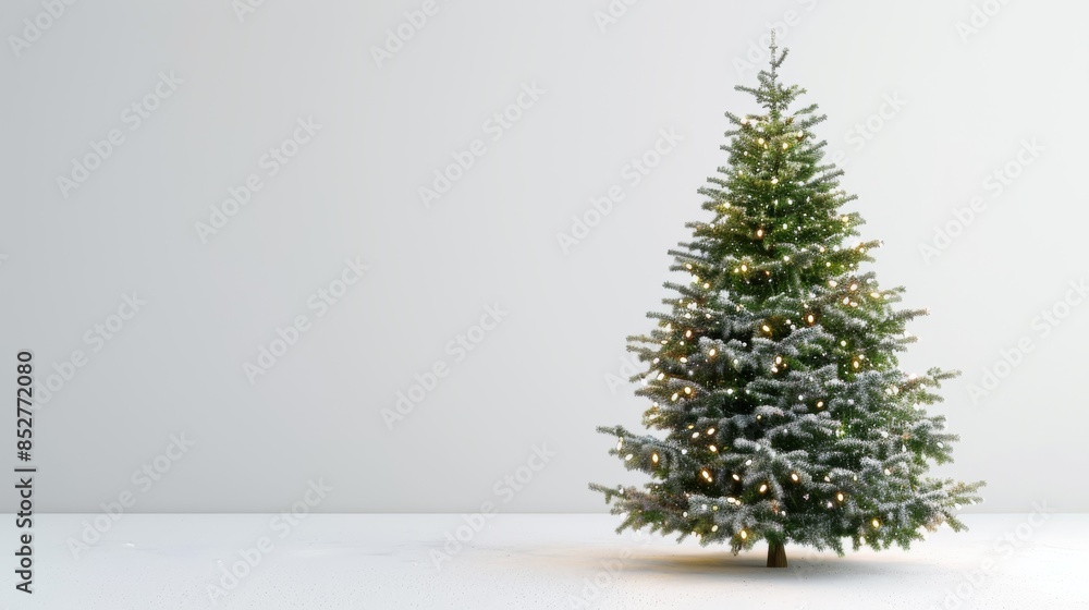 Poster A decorated Christmas tree with string lights stands against a simple white background. The tree is covered in faux snow, giving it a festive and cozy feel. The soft, warm glow of the lights creates a