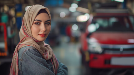 beautiful hijabi Arab woman working in an auto repair shop is posing for the camera with a red car behind her