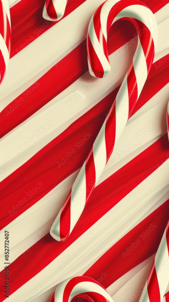 Poster a close-up photograph of red and white candy canes arranged diagonally on a red and white striped ba