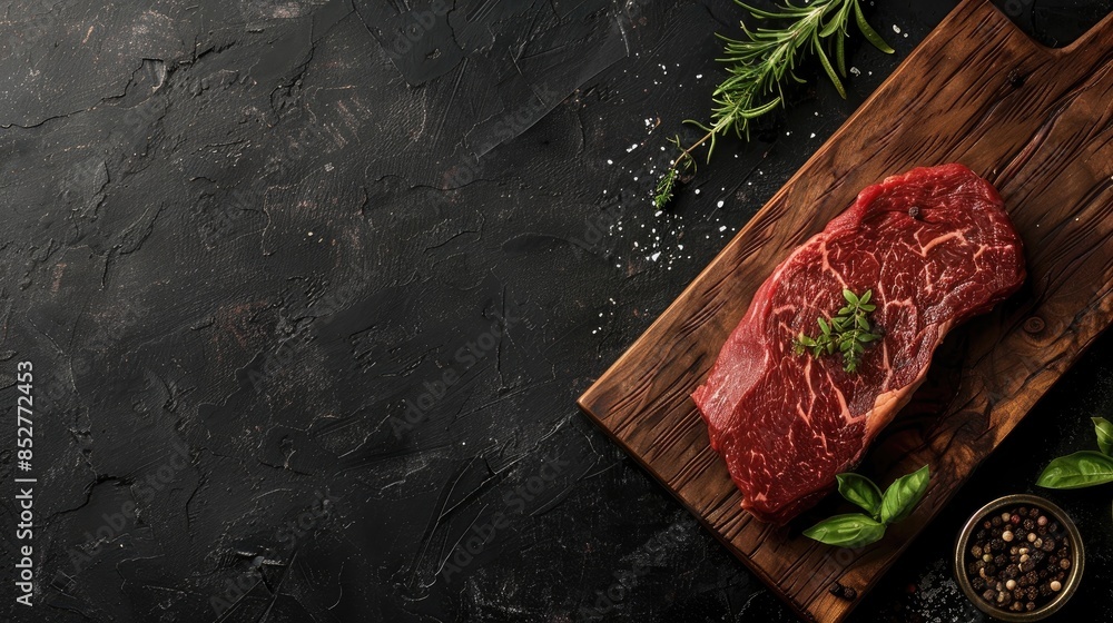 Poster cutting board with raw chuck eye roll steak organic beef on black background overhead view with spac