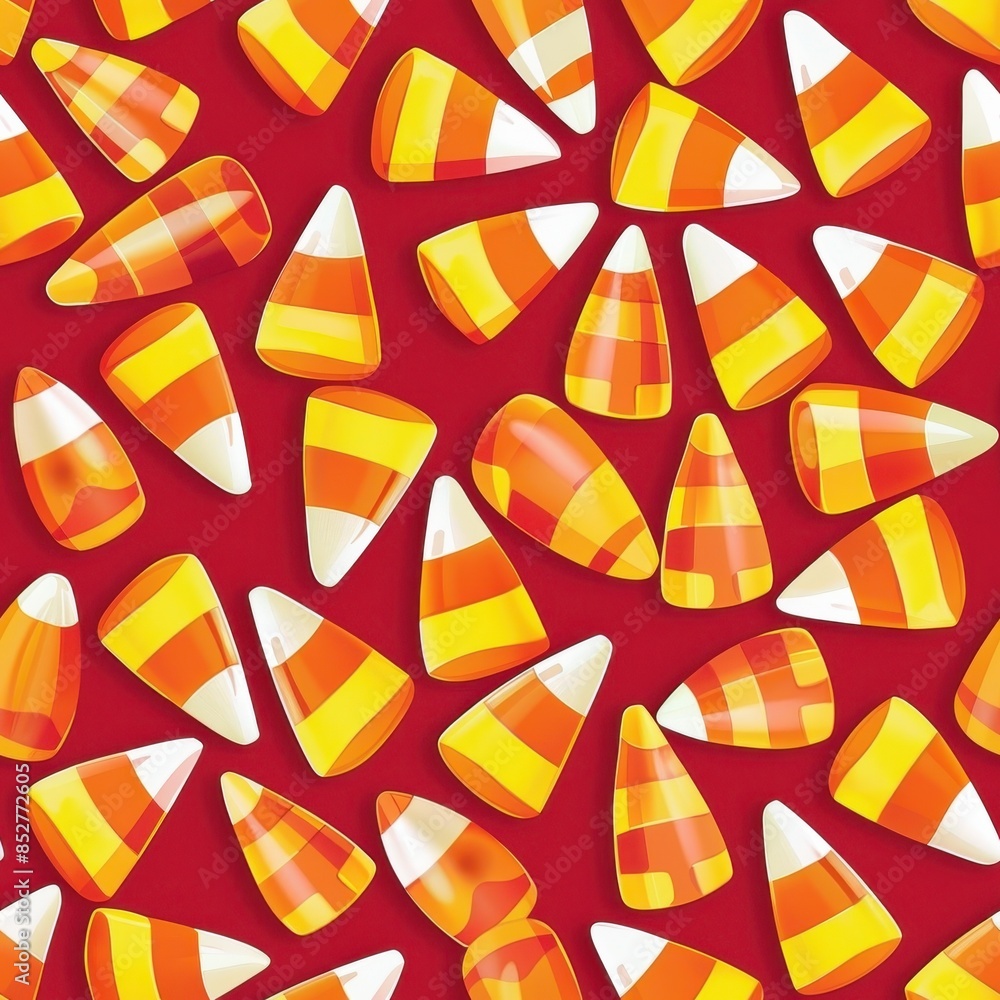 Poster This image features a seamless pattern of brightly colored candy corn on a solid red background. The candy corn pieces are arranged in a random, overlapping pattern, creating a festive and playful des