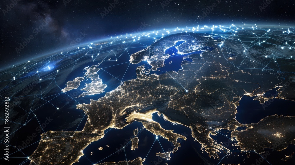 Poster this image shows a nighttime satellite view of europe, with the lights of major cities illuminating 