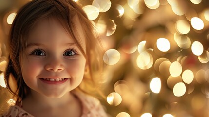 Fototapeta premium A young girl with brown hair and big brown eyes smiles brightly in front of a blurry background of Christmas lights. The lights are out of focus and create a warm, festive glow.