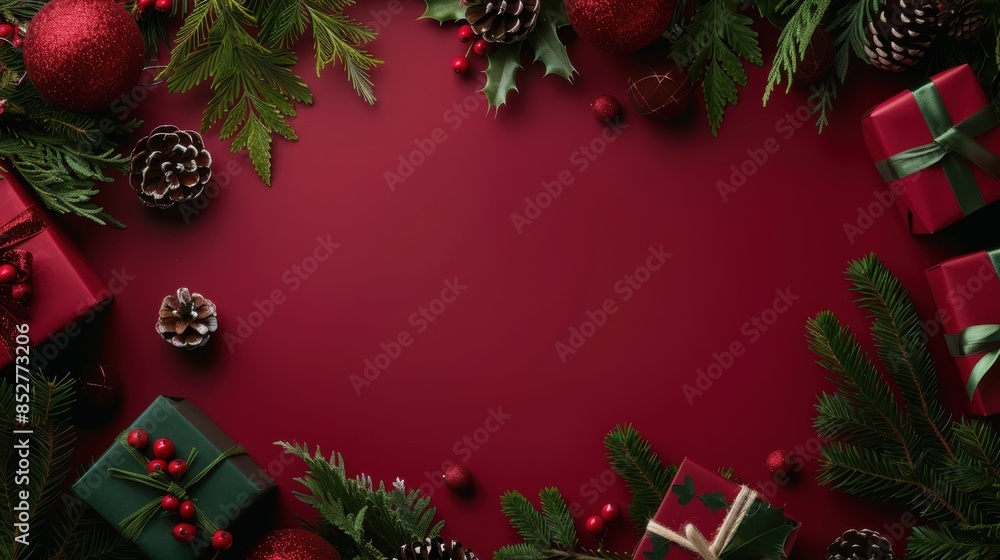 Poster a flat lay image featuring various christmas decorations on a red background. the image includes pre
