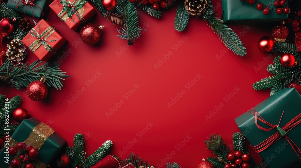 Poster a red background is surrounded by various christmas decorations. on the left side are green pine bra